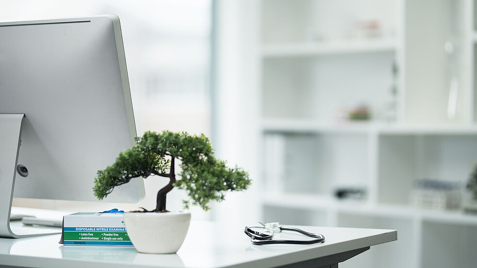 Aufgeräumter Schreibtisch mit Computerbildschirm, kleinem Bonsai in weißem Topf, einer Packung Einmalhandschuhe und einem Stethoskop. Im Hintergrund weiße Regale, die dem Raum eine helle, ordentliche Atmosphäre verleihen.
